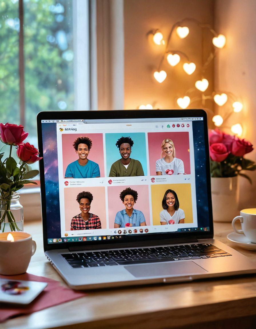 A cozy digital workspace featuring a laptop open to a vibrant chat room interface, with hearts and romantic emojis floating around. In the background, a couple is seen smiling at each other through a video call, symbolizing connection. Warm lighting and rose petals scattered on the desk enhance the romantic atmosphere. Include soft pastel colors and a gentle bokeh effect to create an inviting mood. super-realistic. vibrant colors. soft focus.