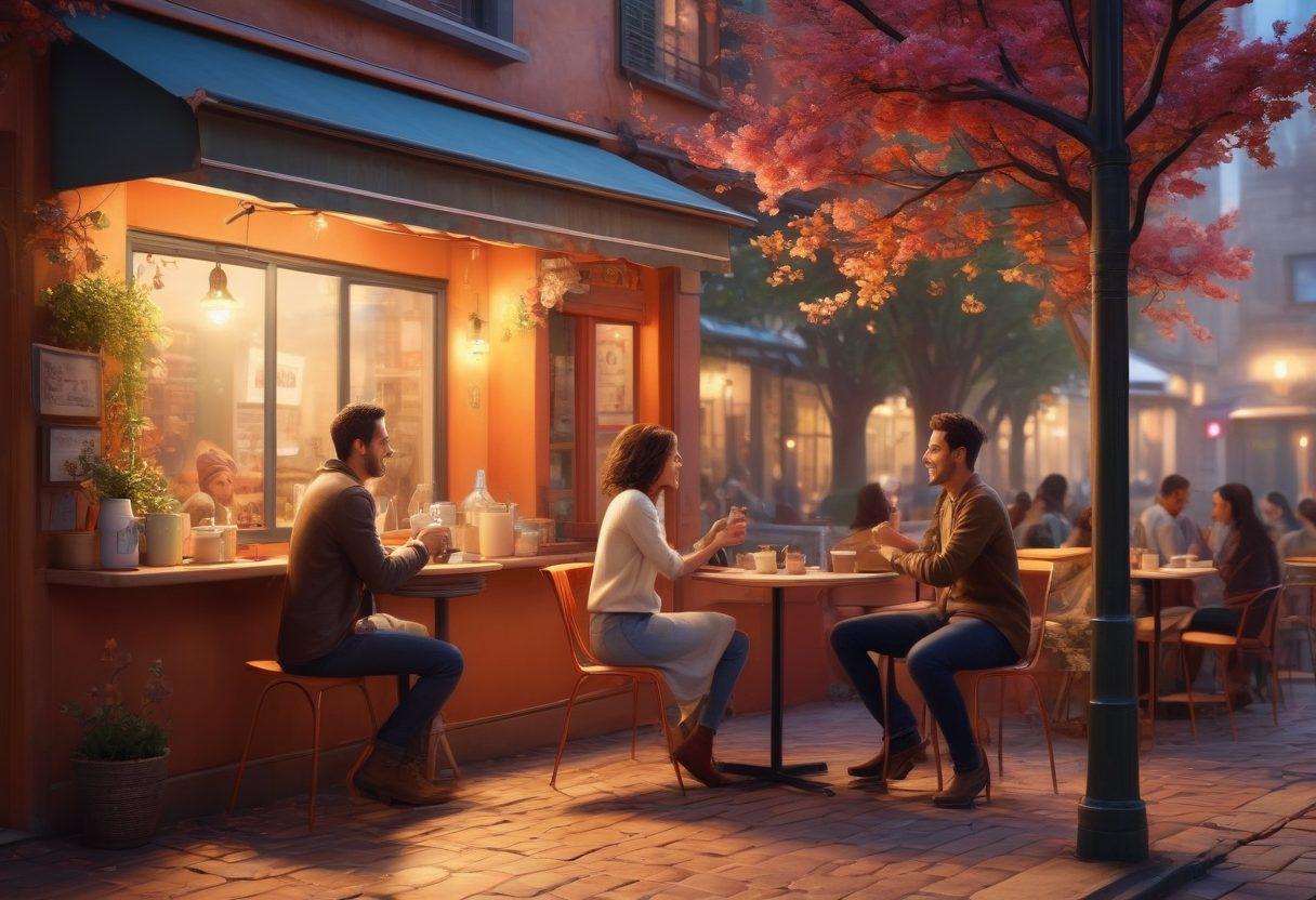 A vibrant scene depicting varied couples from different backgrounds engaged in light-hearted flirting and meaningful conversations over coffee in a cozy café environment, with warm lighting and soft textures that evoke intimacy. Incorporate elements like playful gestures, shared laughter, and subtle heart symbols in the air to symbolize blossoming connections. The backdrop should feature soft-focus elements representing the world outside, like city streets or parks, to suggest exploration. super-realistic. vibrant colors. cozy atmosphere.