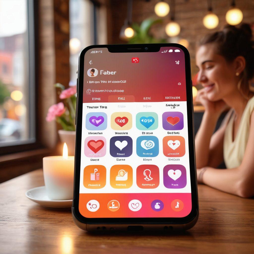 A modern smartphone displaying various colorful dating app interfaces on its screen, surrounded by a youthful couple engaged in a light-hearted conversation in a cozy coffee shop. Features icons like heart, chat bubbles, and location pin for connectivity. Soft natural lighting with subtle romantic elements like candles and flowers in the background. The scene conveys warmth and connection. super-realistic. vibrant colors. 3D.